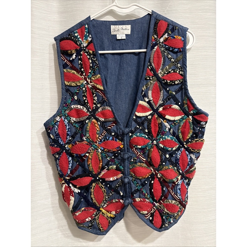 Vintage 90s Quilted Flowers Vest Soul Mates Blue Womens Size Medium